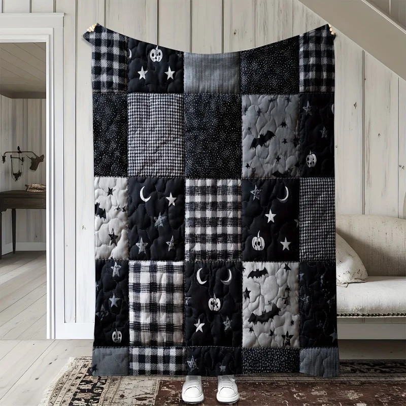 Bat Blanket Pattern Bat-Pattern Black & White Checkered Flannel Throw Blanket - Nocturnal nest