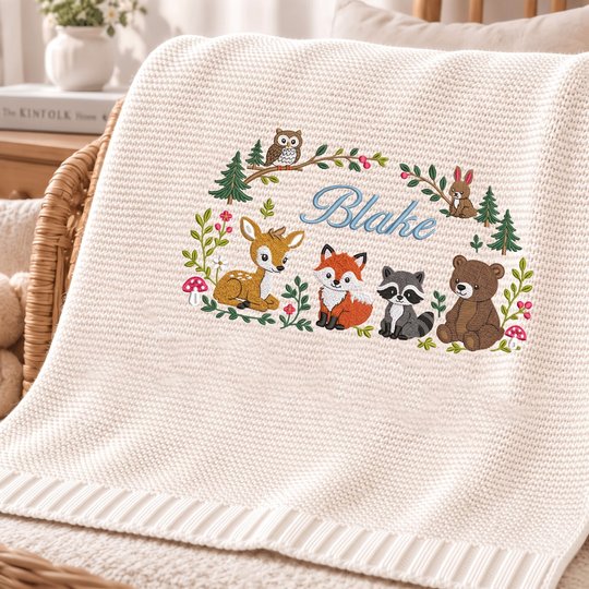 Personalized Woodland Animals Baby Blanket,Custom Name Forest Nursery Blanket,Embroidered Baby Keepsake,Newborn Shower Gift,Cute Animal Gift