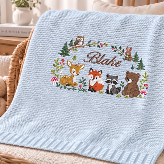 Personalized Woodland Animals Baby Blanket,Custom Name Forest Nursery Blanket,Embroidered Baby Keepsake,Newborn Shower Gift,Cute Animal Gift