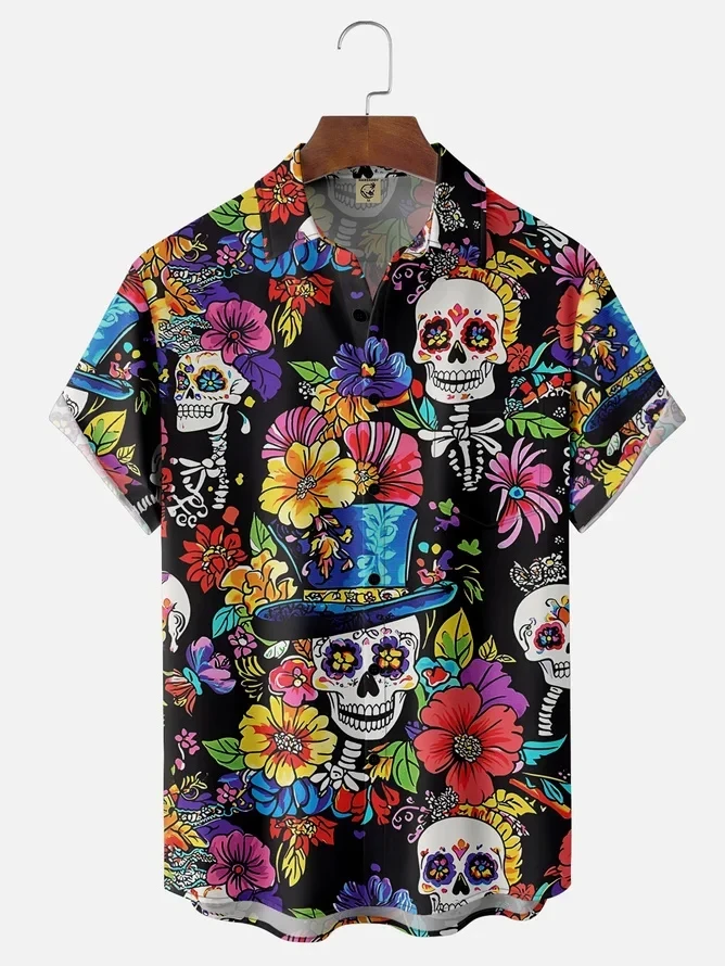 Tall Size Moisture-wicking Cinco de Mayo Day of the Dead Mexican Skull Chest Pocket Casual Shirt
