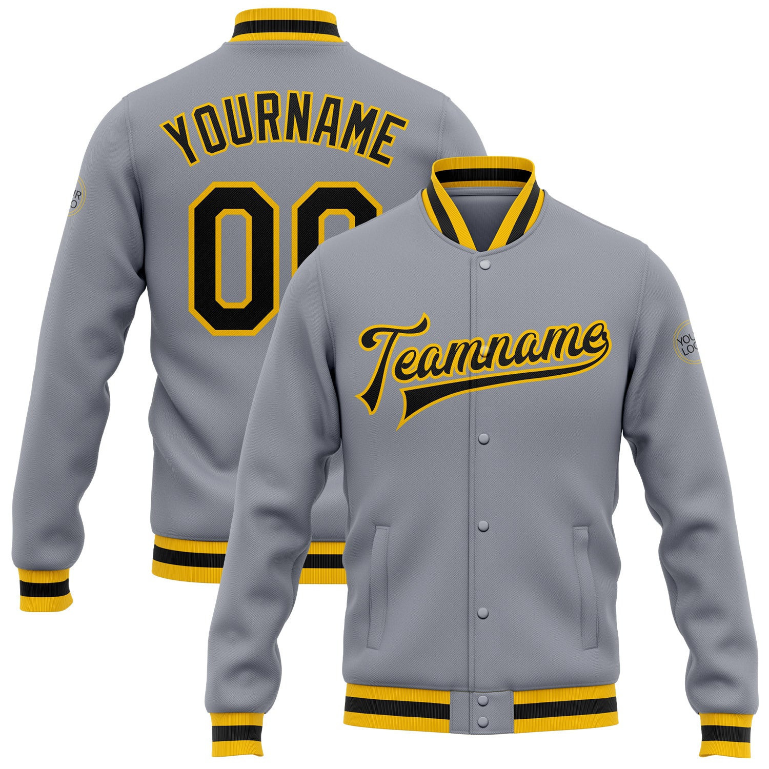 Custom Gray Black-gold Bomber Full-snap Varsity Letterman Jacket ...