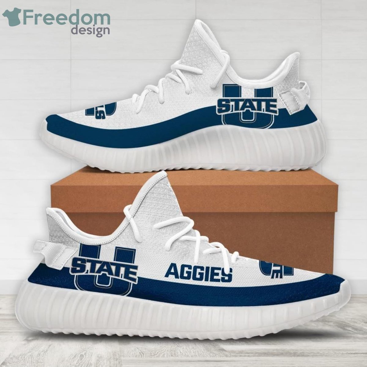 NCAA Utah State Aggies White Blue Yeezy Boost Sneakers Sport Shoes Gift ...