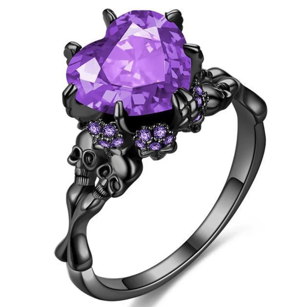 Skull Gothic Black Ring Heart-shape Red Crystal Vampire Double Skull R ...