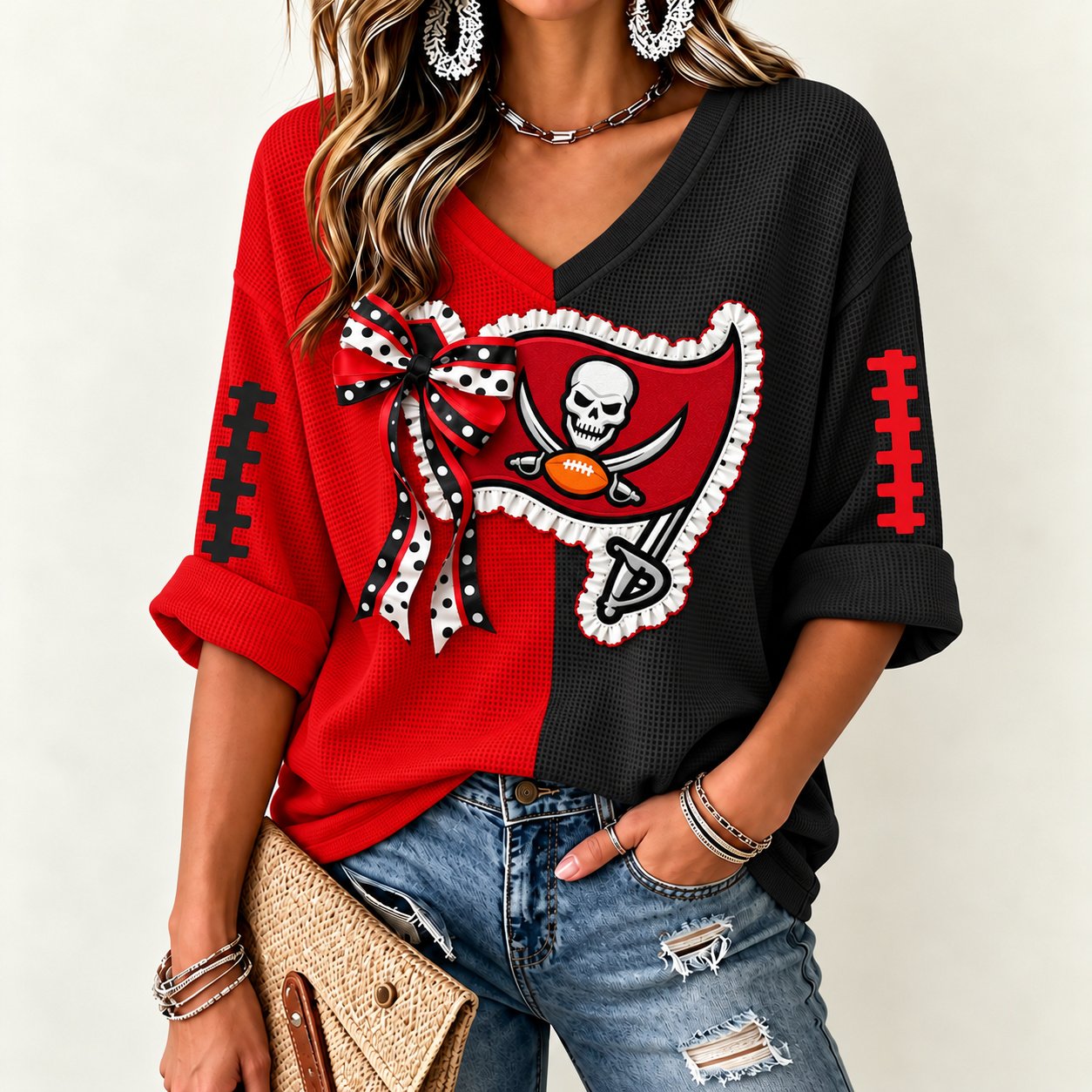 Tampa Bay Buccaneers Women's Two-Tone V-Neck T-Shirt