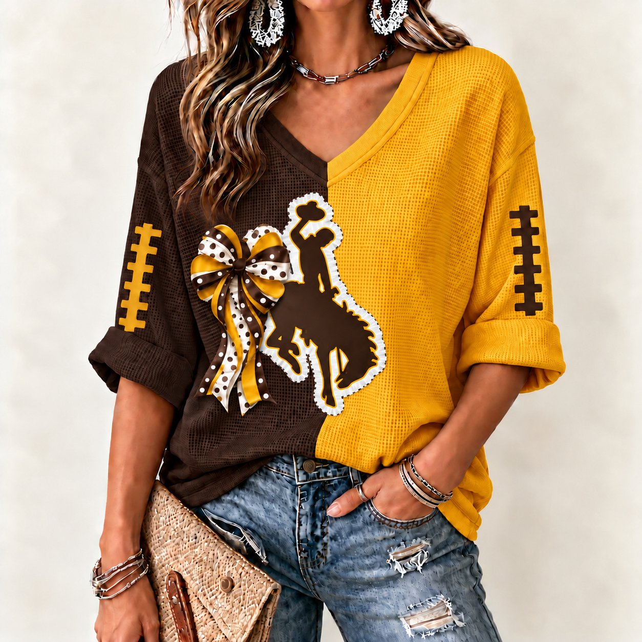 Wyoming Cowboys Women's Two-Tone V-Neck T-Shirt