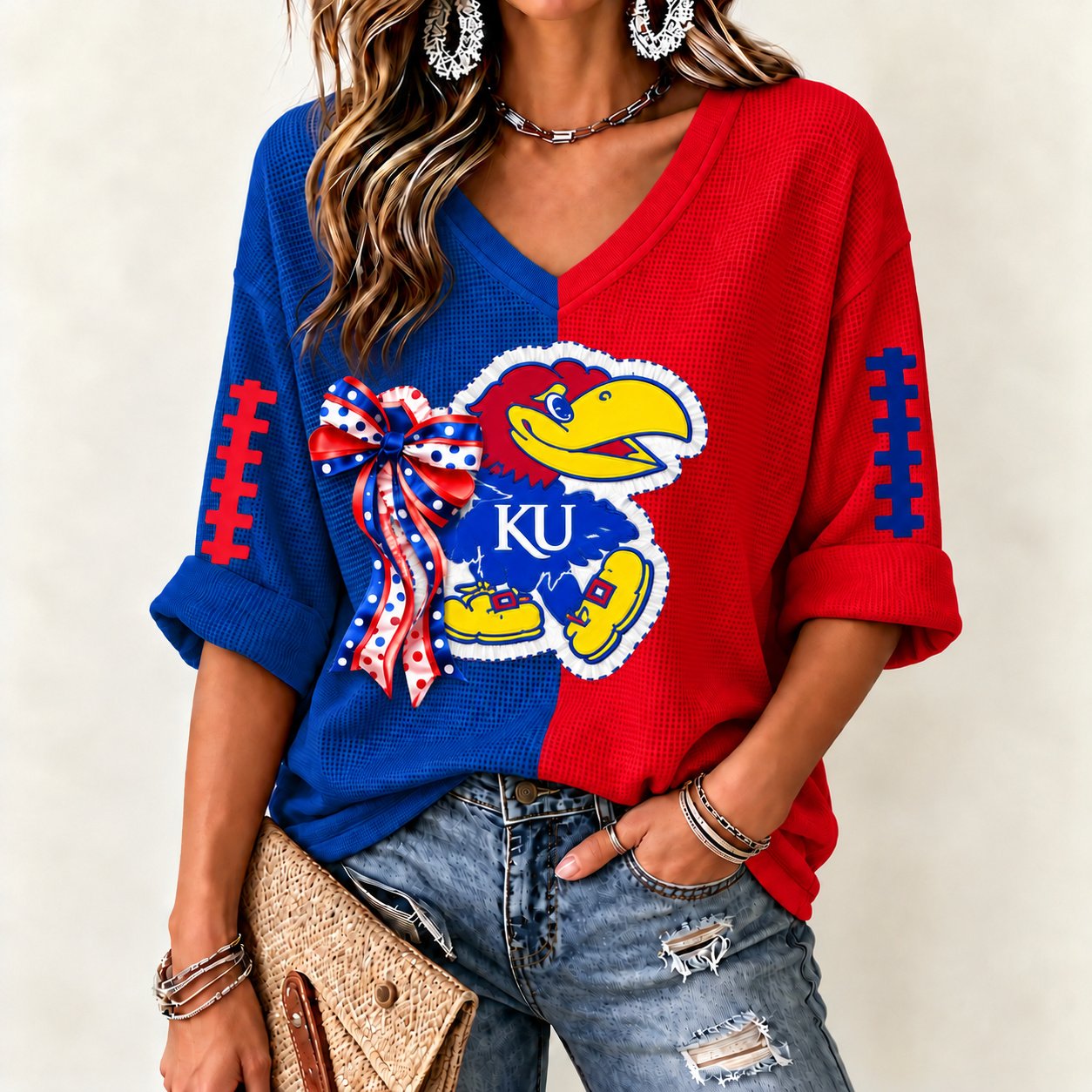 KS Jayhawks Women's Two-Tone V-Neck T-Shirt