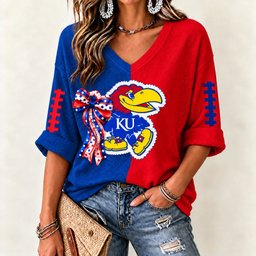 KS Jayhawks Women's Two-Tone V-Neck T-Shirt