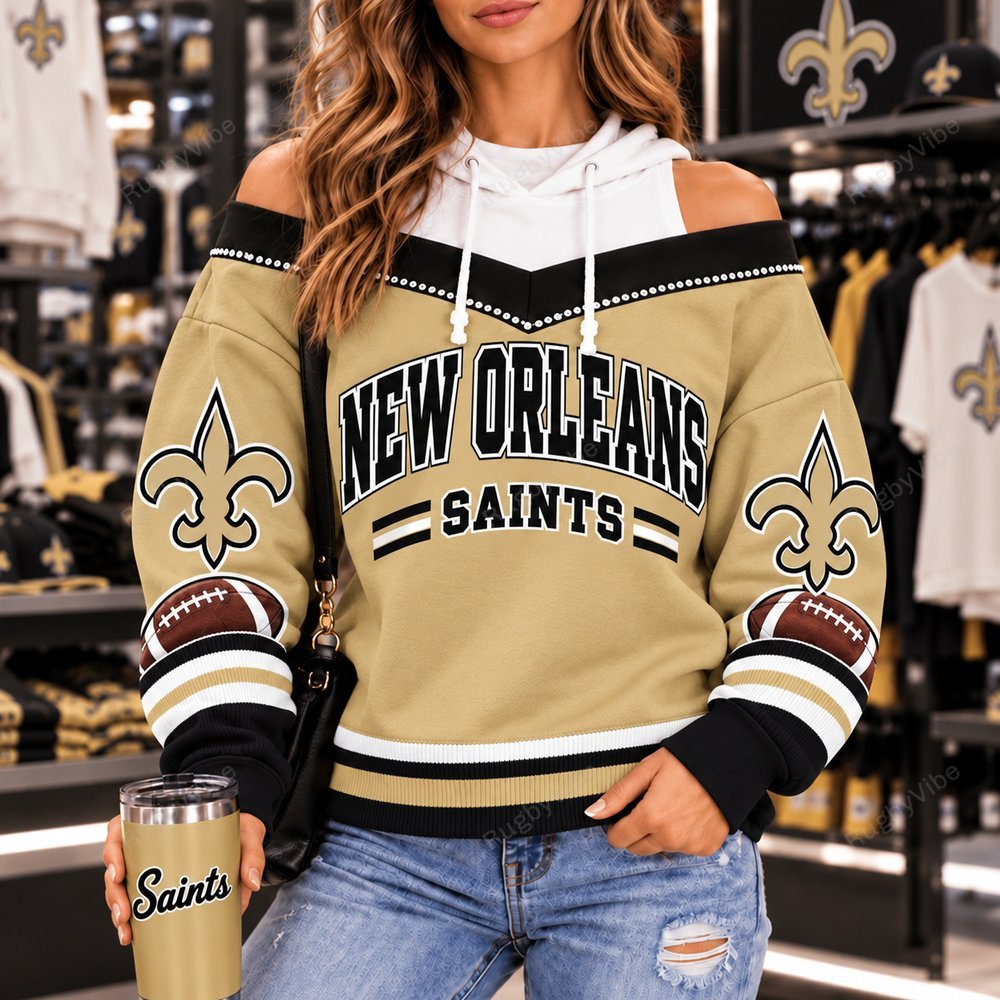 New Orleans Saints Hooded Off The Shoulder Sweatshirt