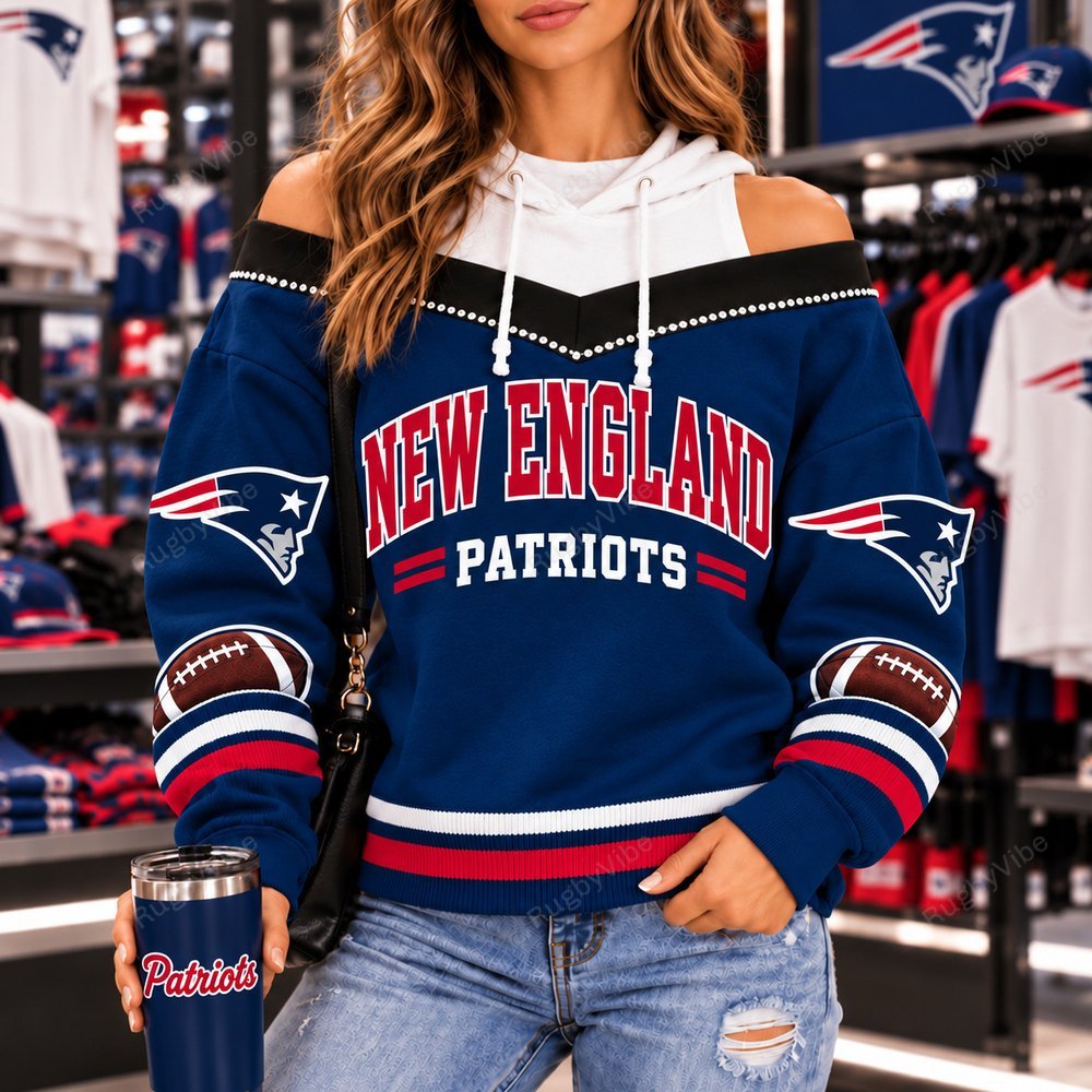 New England Patriots Hooded Off The Shoulder Sweatshirt