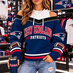 New England Patriots Hooded Off The Shoulder Sweatshirt