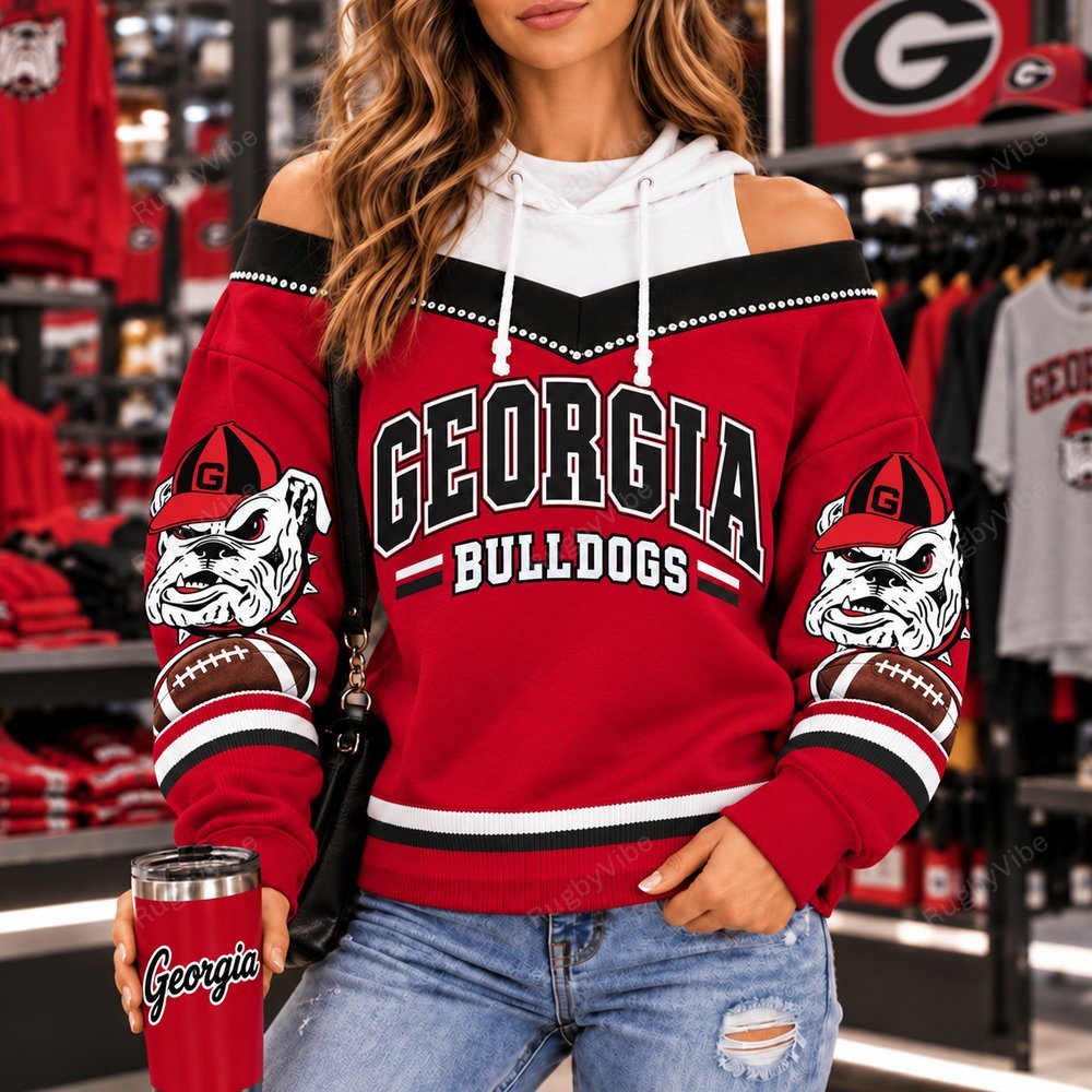 Georgia Bulldogs Hooded Off The Shoulder Sweatshirt