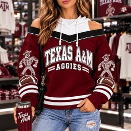 TX A&M Aggies Hooded Off The Shoulder Sweatshirt