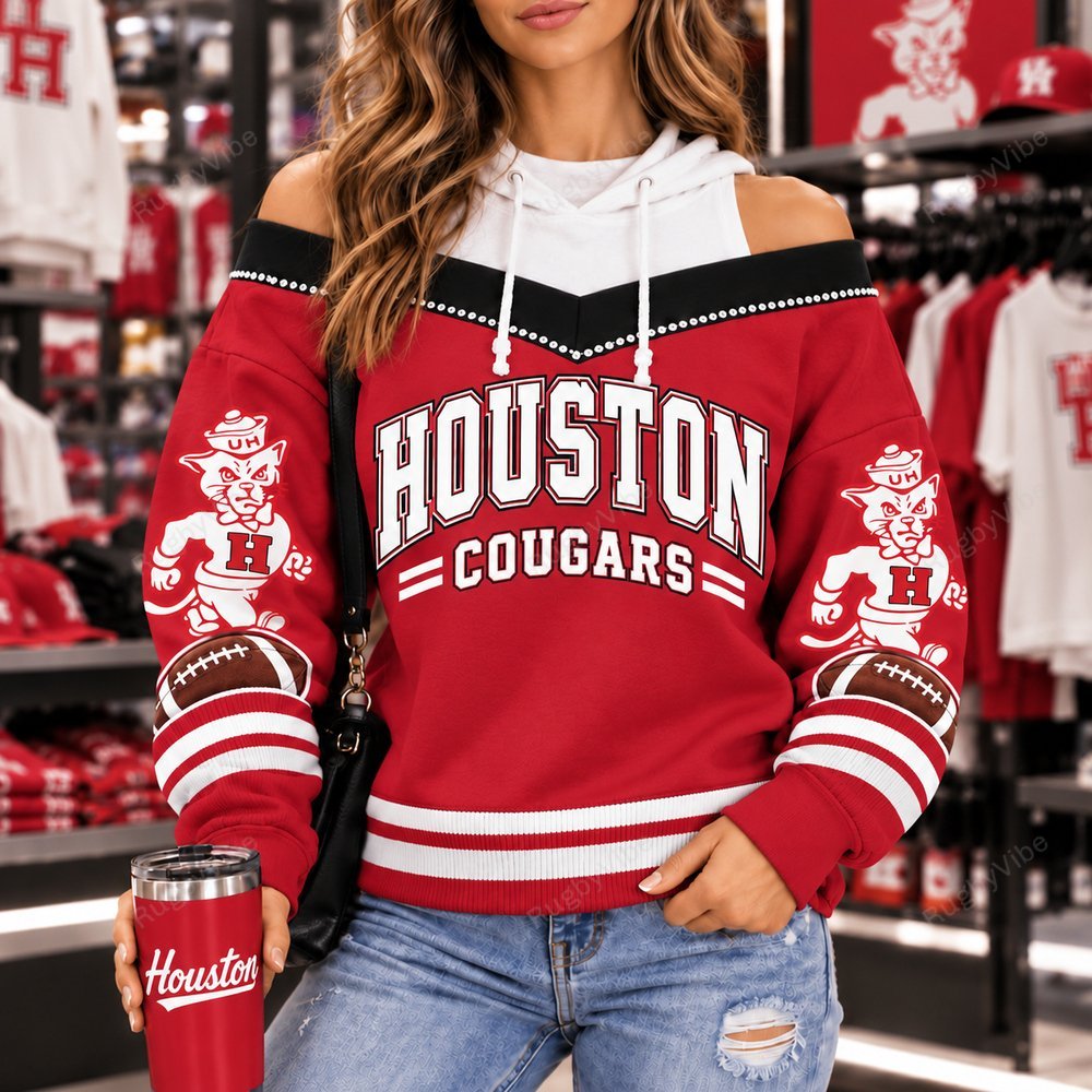 HOU Cougars Hooded Off The Shoulder Sweatshirt