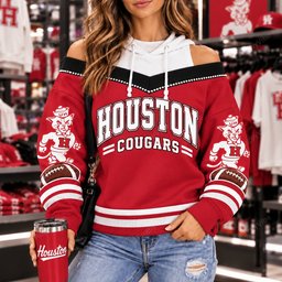 HOU Cougars Hooded Off The Shoulder Sweatshirt