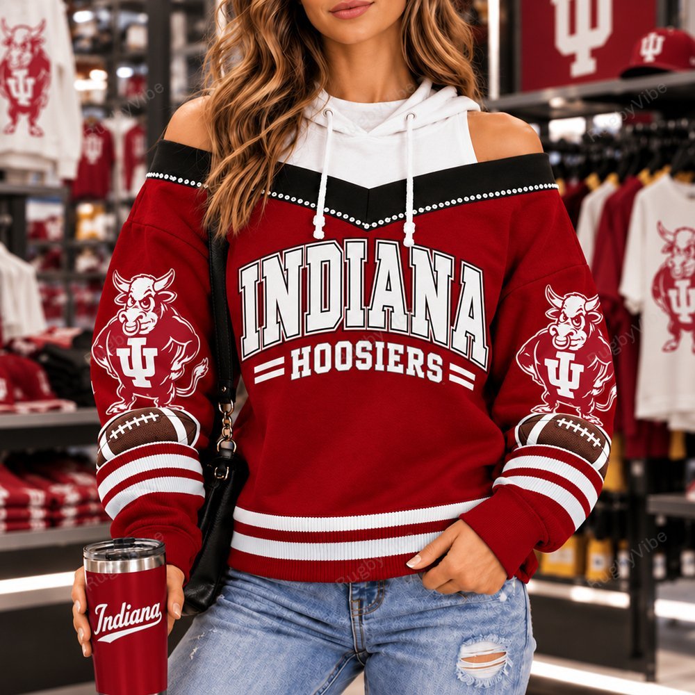 Indiana Hoosiers Hooded Off The Shoulder Sweatshirt