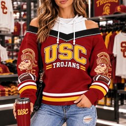 USC Trojans Hooded Off The Shoulder Sweatshirt