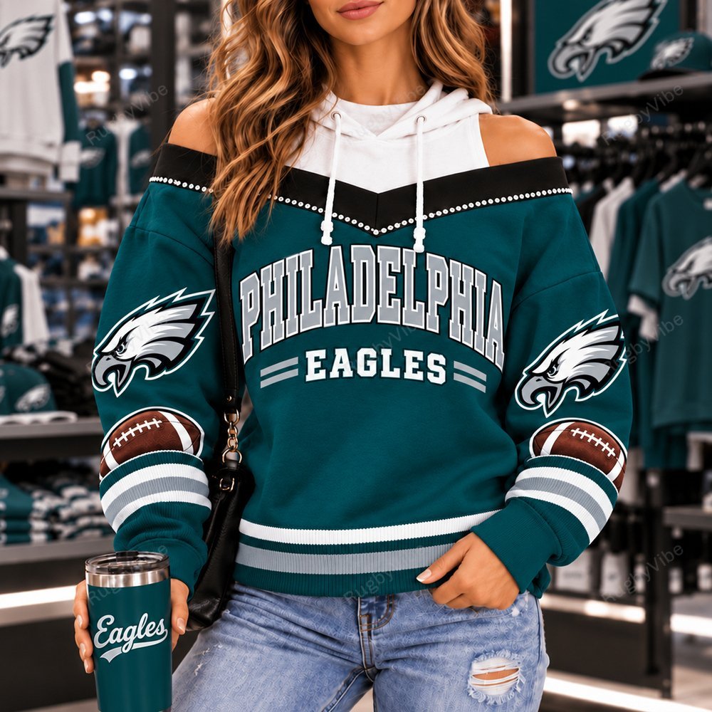 Philadelphia Eagles Hooded Off The Shoulder Sweatshirt