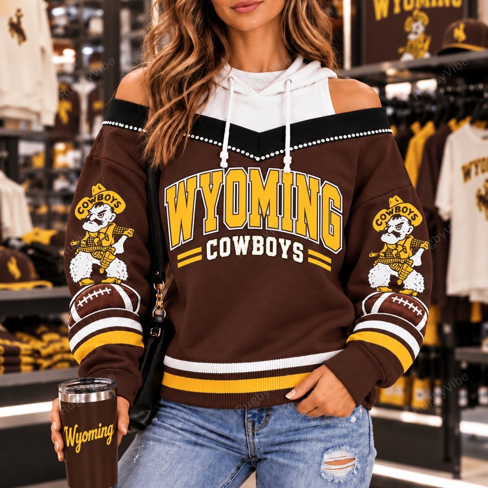 Wyoming Cowboys Hooded Off The Shoulder Sweatshirt