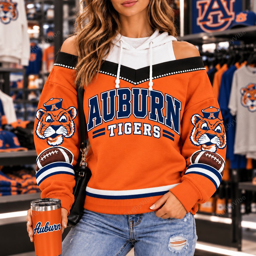 Auburn Tigers Hooded Off The Shoulder Sweatshirt