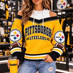 Pittsburgh Steelers Hooded Off The Shoulder Sweatshirt