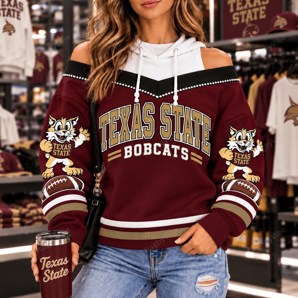 TX State Bobcats Hooded Off The Shoulder Sweatshirt