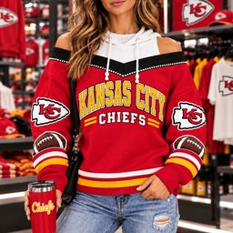 Kansas City Chiefs Hooded Off The Shoulder Sweatshirt