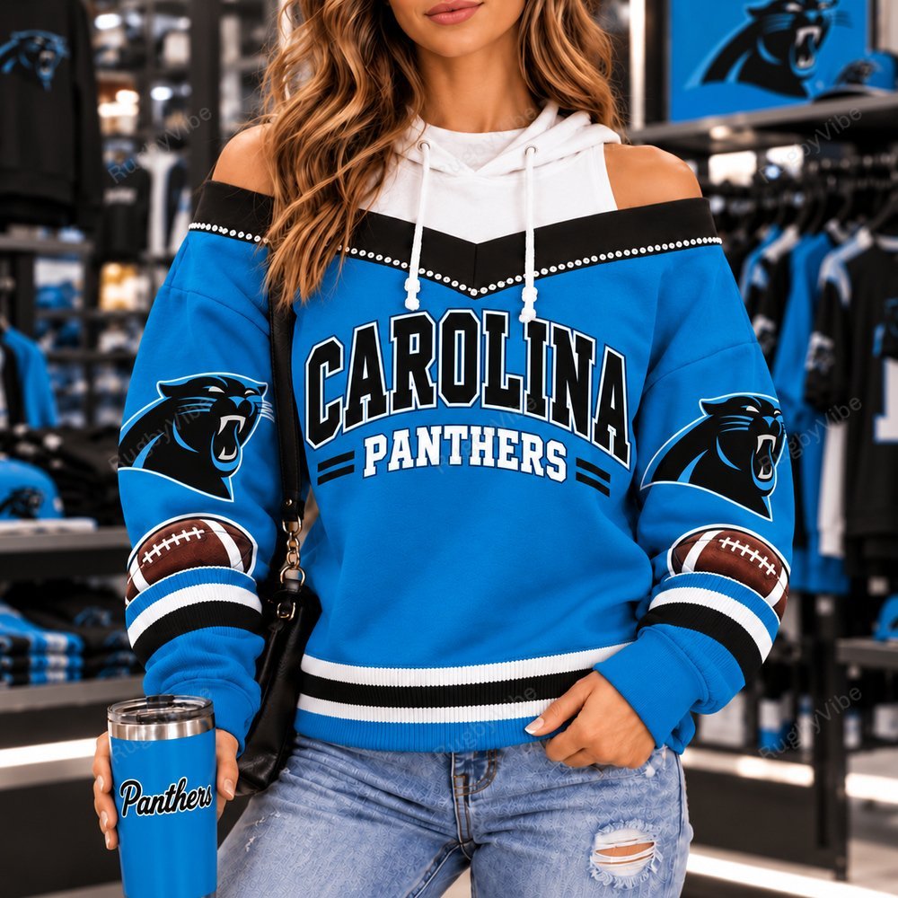 Carolina Panthers Hooded Off The Shoulder Sweatshirt