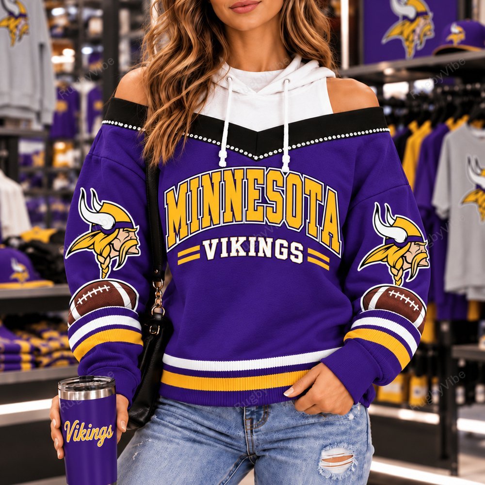 Minnesota Vikings Hooded Off The Shoulder Sweatshirt