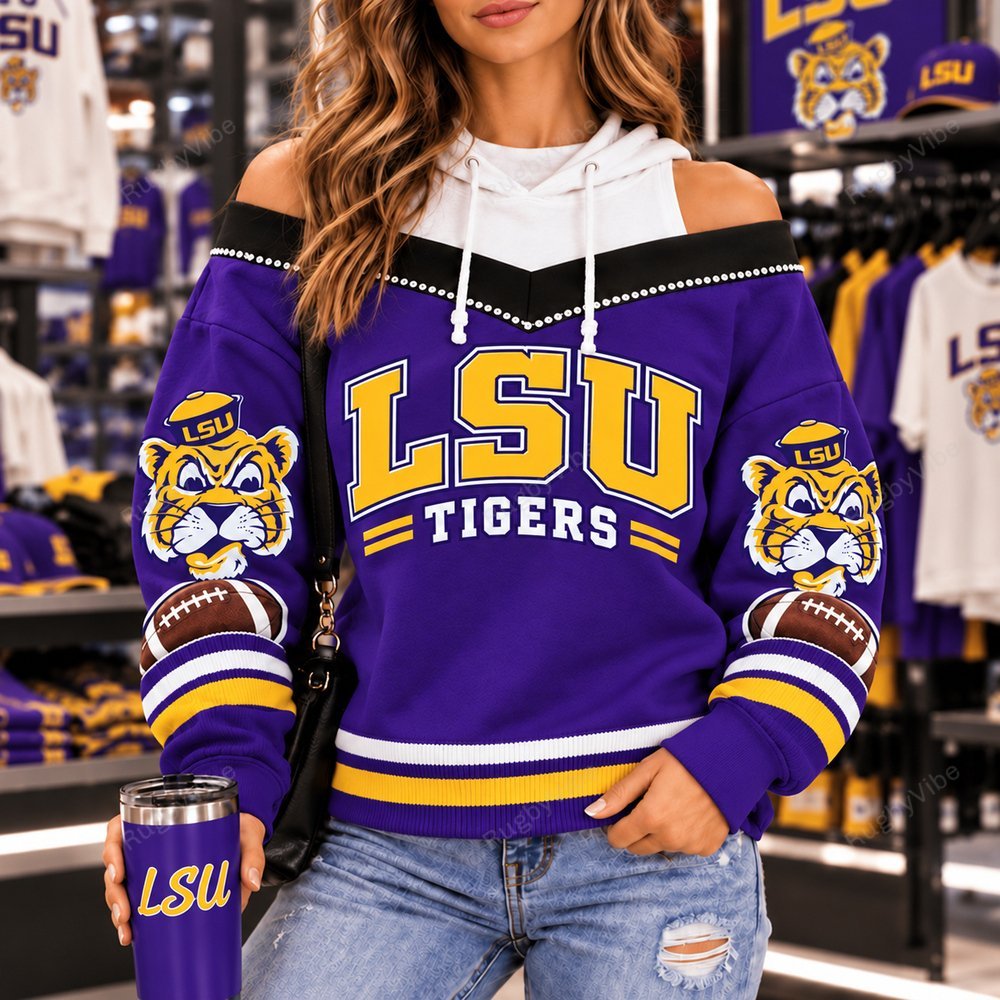 LSU TIGERS Hooded Off The Shoulder Sweatshirt