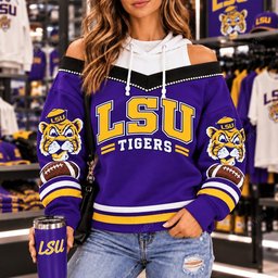 LSU TIGERS Hooded Off The Shoulder Sweatshirt