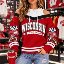 Wisconsin Badgers Hooded Off The Shoulder Sweatshirt