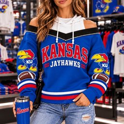 KS Jayhawks Hooded Off The Shoulder Sweatshirt