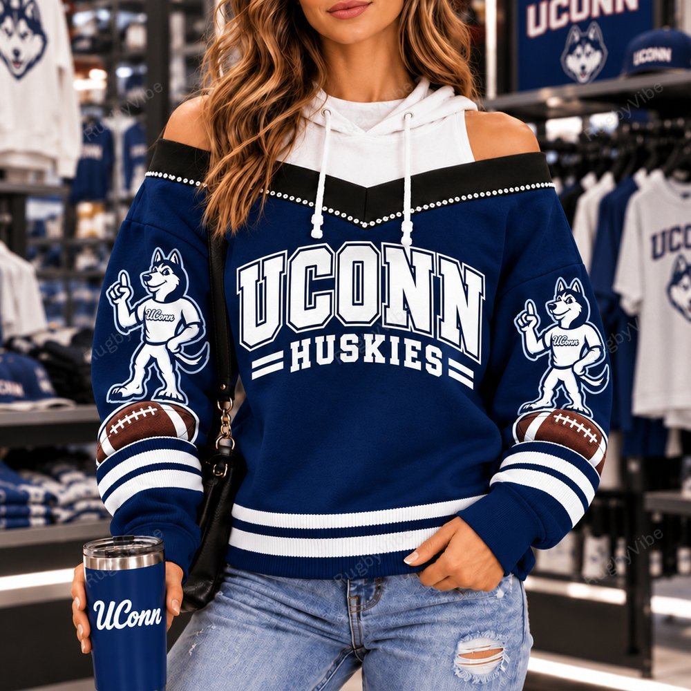 Uconn Huskies Hooded Off The Shoulder Sweatshirt
