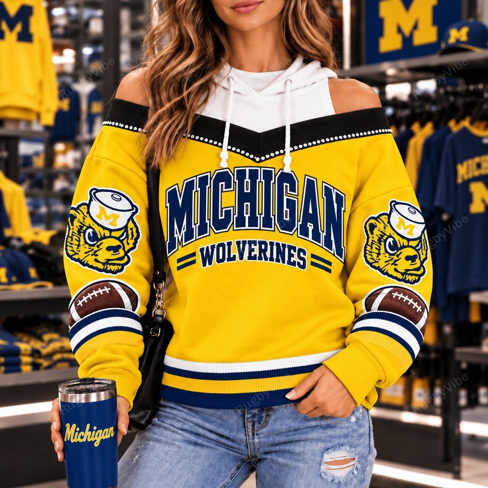 Michigan Wolverines Hooded Off The Shoulder Sweatshirt