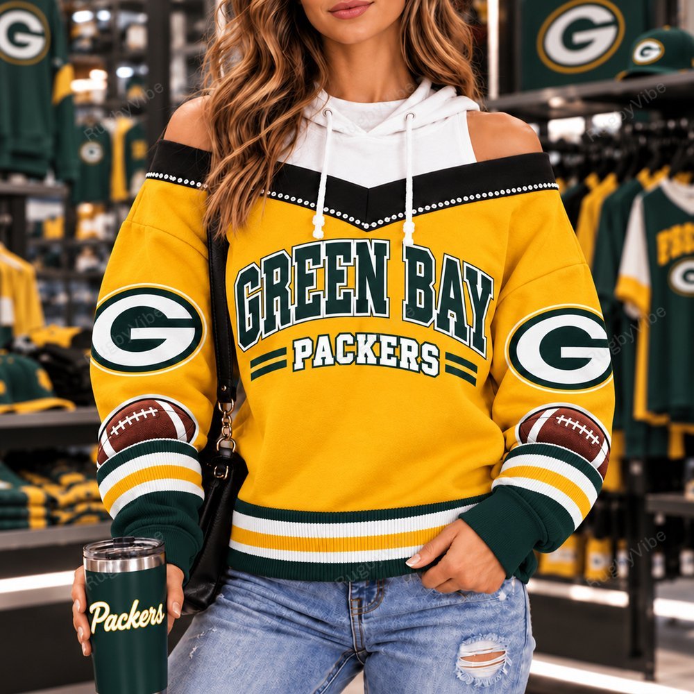Green Bay Packers Hooded Off The Shoulder Sweatshirt