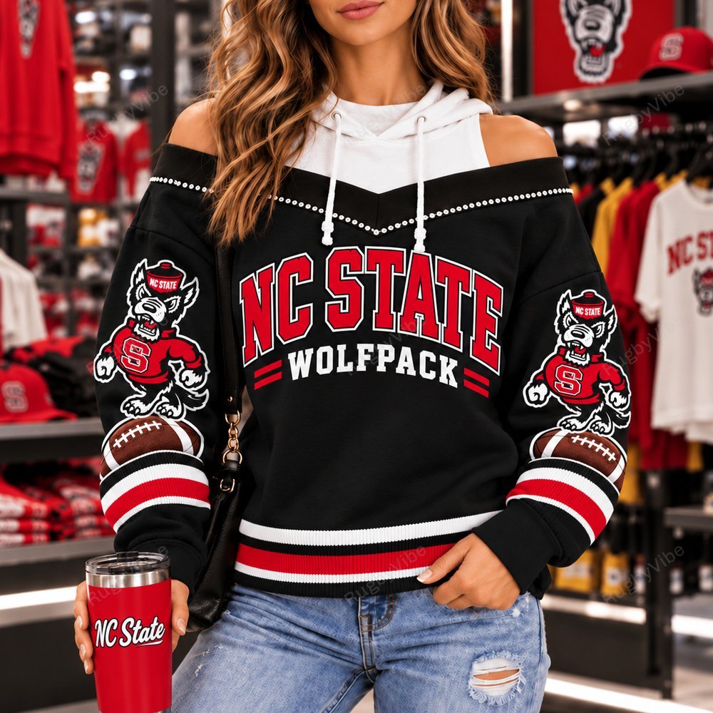 NC State Wolfpack Hooded Off The Shoulder Sweatshirt