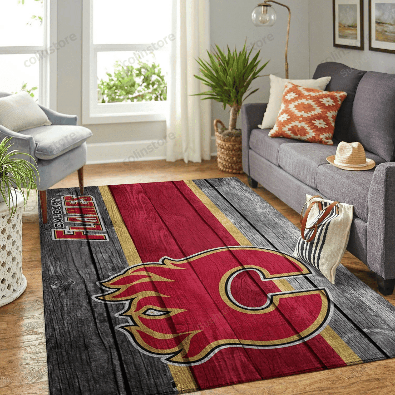 Calgary Flames Team Logo Rectangle Area Rugs Wooden Style Living Room ...