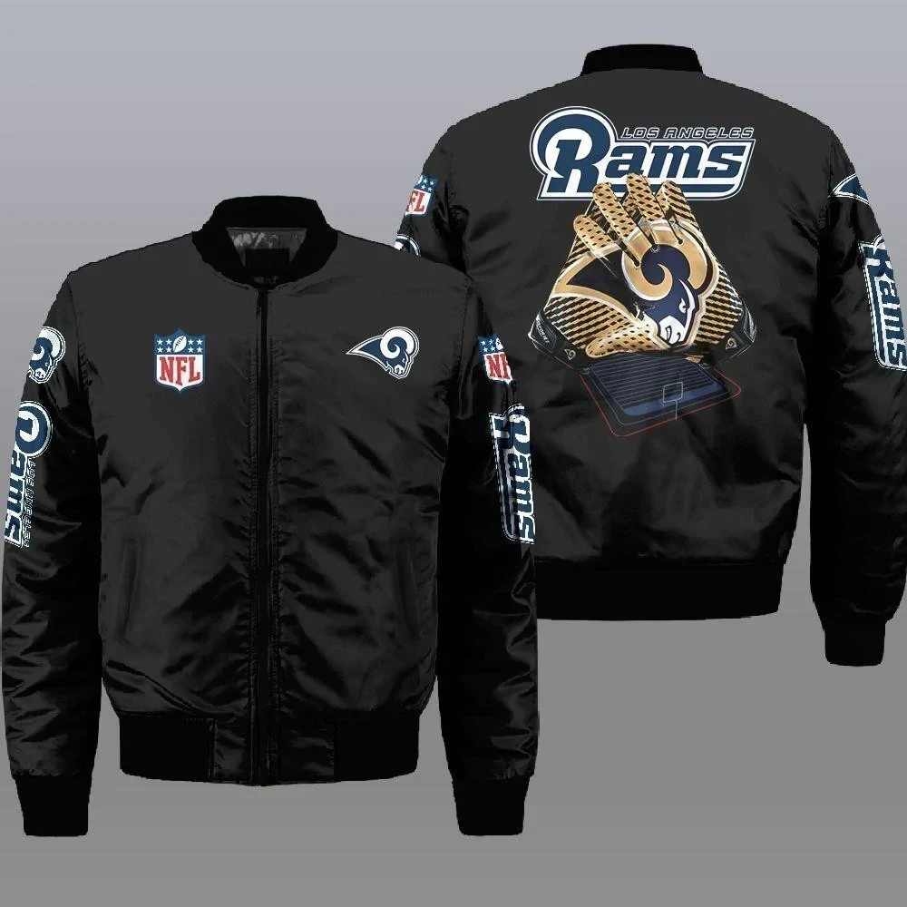 Sequined Rams Jacket Los Angeles Rams Logo Pattern Bomber Jacket Black - Snakeislandz