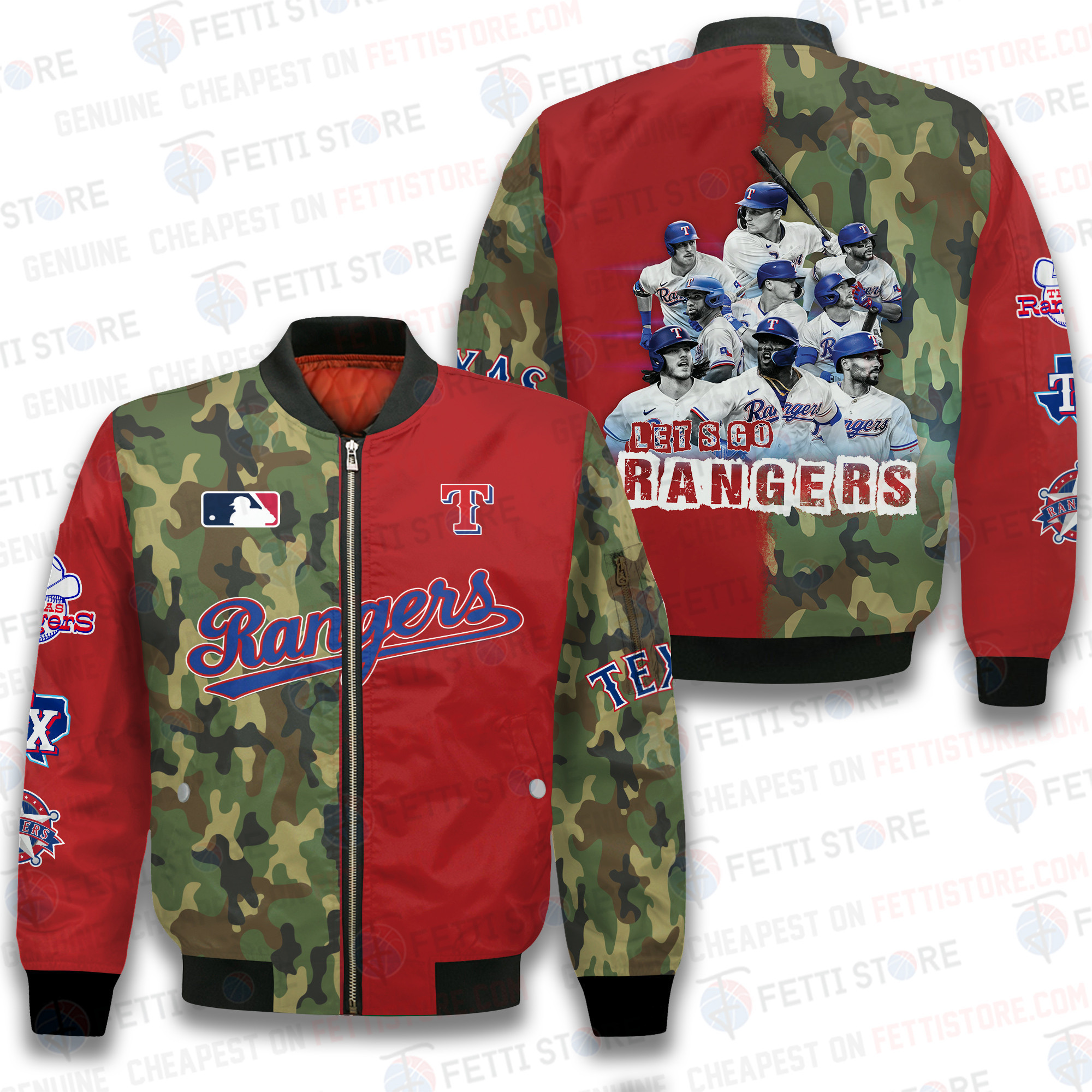 Texas Rangers Pattern Material Texas Rangers MLB Camo Pattern AOP Bomber Jacket STM - Snakeislandz