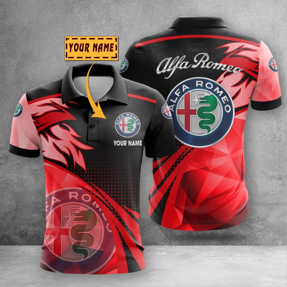 Custom Name Alfa Romeo Logo Color Flame Pattern Printed 3D Polo Shirt ...
