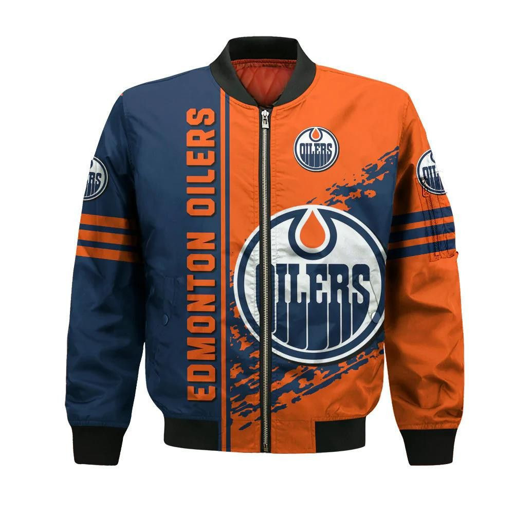 Oilers Color Pattern Edmonton Oilers Bomber Jacket 3D Printed Logo Pattern In Team Colours ...