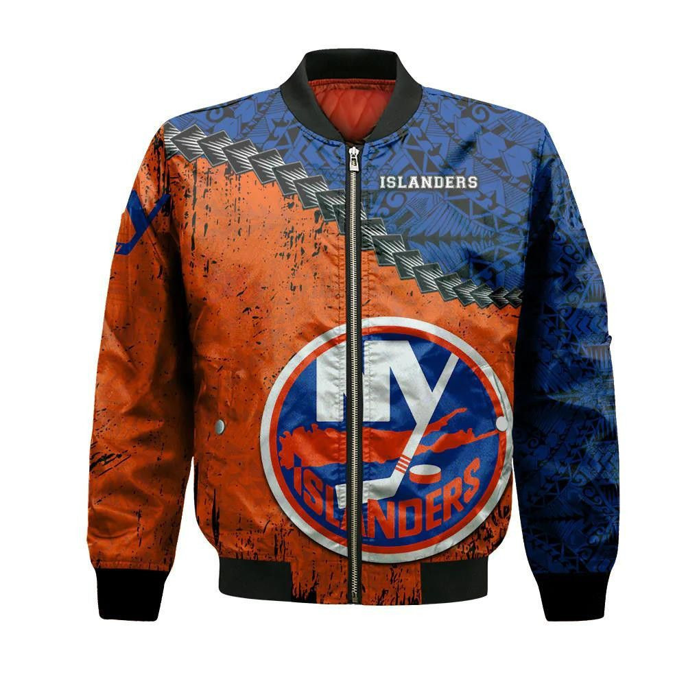New York Islanders Bomber Jacket 3D Printed Grunge Polynesian Tattoo ...
