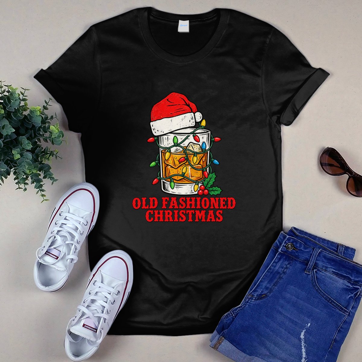 Old Fashioned Christmas Whiskey Cocktail Santa Hat Shirt
