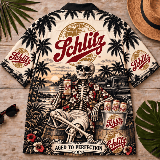 Schlitz Too Old To Care Skeleton Vintage Hawaiian Shirt