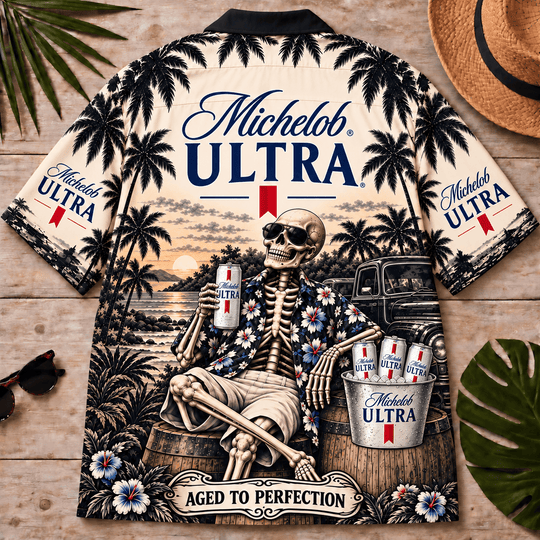 Michelob Ultra Too Old To Care Skeleton Vintage Hawaiian Shirt
