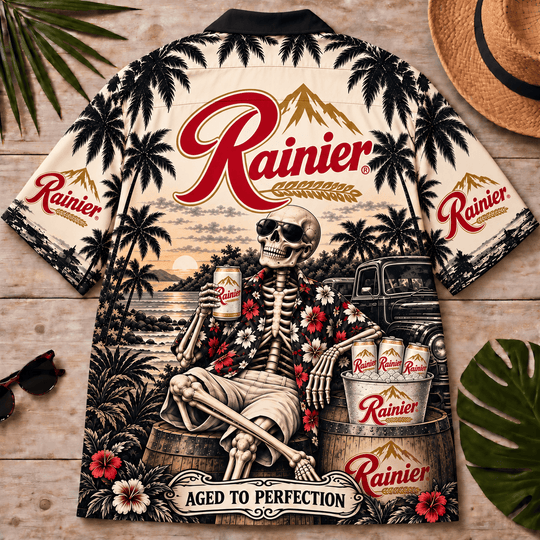 Rainier Beer Too Old To Care Skeleton Vintage Hawaiian Shirt