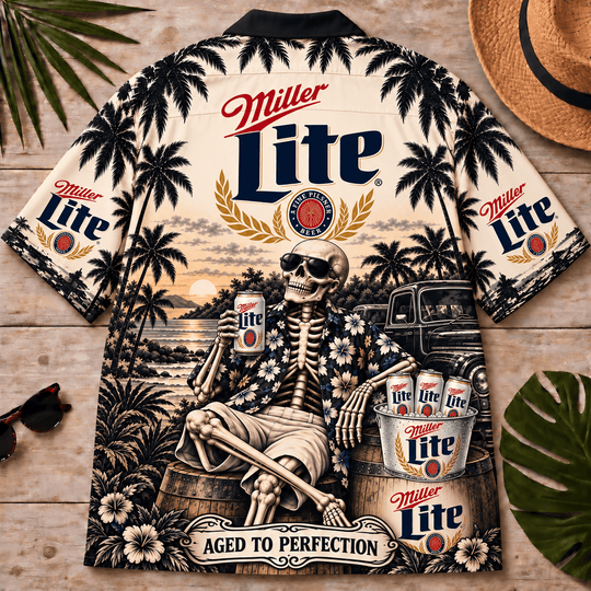 Miller Lite Too Old To Care Skeleton Vintage Hawaiian Shirt