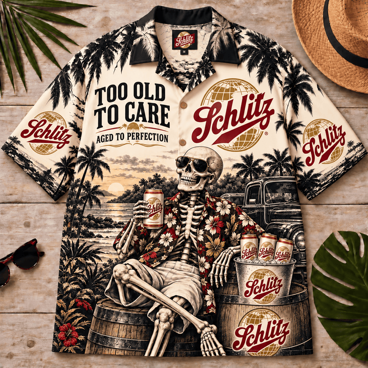 Schlitz Too Old To Care Skeleton Vintage Hawaiian Shirt
