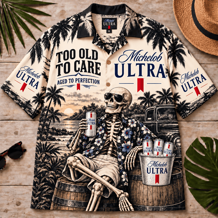Michelob Ultra Too Old To Care Skeleton Vintage Hawaiian Shirt