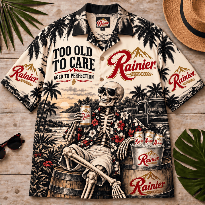 Rainier Beer Too Old To Care Skeleton Vintage Hawaiian Shirt
